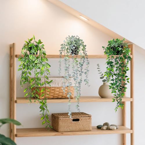 Fake Hanging Plants, 3pcs Artificial Small Potted Plants Fake Potted Greenery Faux Eucalyptus Mandala Vine Pea Pod for Home Indoor Outdoor Wall Garden Wedding Decoration - color: Dutch Bean+mandala+eucalyptus