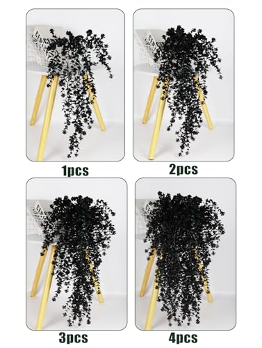 SJL Black Hanging Flowers Fake Hanging Plants Artificial Black Faux Flowers Outdoor Plastic Faux Ivy Plants UV Resistant Fake Eucalyptus Vine for Halloween Indoor Witchy Home Party Gothic Decor 4Pcs - color: Black