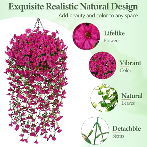 Artificial Hanging Flowers for Outdoors, Fake Hanging Flowers for Decoration, UV Resistant Artificial Outdoor Plants, 4 Pcs Morning Glory for Outdoors Garden Patio Porch Yard Decoration, Fuchsia - color: Fuchsia, size: 4 Pack