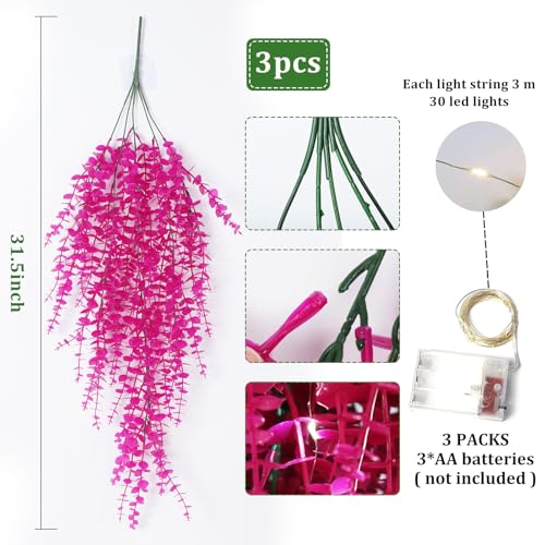 Hanging Geenery Faux Hanging Plants Outdoor Wall Decor Hanging Monkey Grass Artificial Hanging Plants Indoor Plastic Plants for Indoor Bedroom Wall Decoration Outdoor Porch Wedding Decor(Pure Fuchsia) - color: Pure Fuchsia, size: Hanging Plants With Light