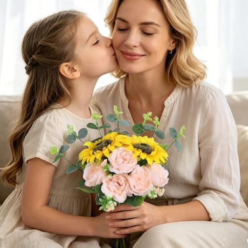 Artificial Sunflowers Mixed Fake Silk Roses Faux Peony Flowers Bouquet with Eucalyptus Stems for Spring Wedding Bride Home Table Centerpiece Farmhouse Decor(Pink) - color: Pink