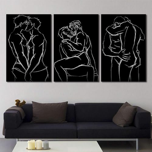 Gay Art Wall Decor 3 Panels Abstract Wall Art Black and White Line Art Men Gay Body Posters Prints on Canvas Decor Bedroom Bathroom Home Decoration Framed Ready to Hang - 24"W x 36"H x 3pcs - color: Art02, size: 24x36x3pcs