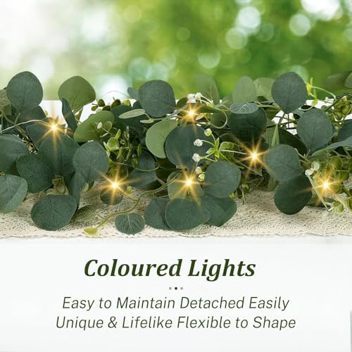 Eucalyptus Garland with Lights, 4 Packs 6FT Green Flower Garland Decor, Artificial Faux Eucalyptus Leaves Greenery Vines for Table Runner Wedding Centerpieces Backdrop Decorations (Warm Color)