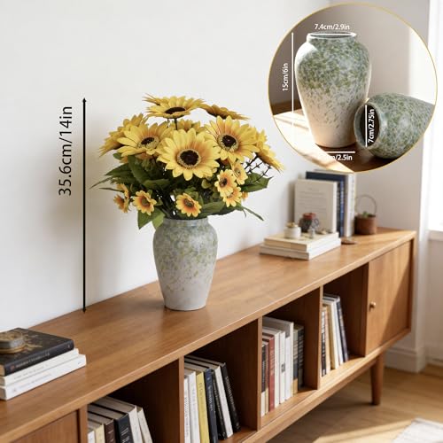 14" Artificial Sunflowers Arrangement in Green & Blue Speckled Ceramic Vase – Faux Sunflower Floral Centerpiece for Spring Home Décor, Tabletop, Shelf & Office Decoration