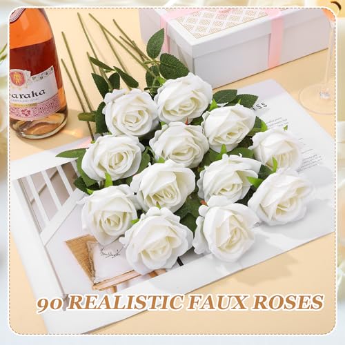 90 Pcs White Velvet Rose Artificial Flowers with Long Stems, Fake Silk Roses Real Touch Fake Roses Florals for Birthday Wedding Bouquet Party Arrangement Decorations - color: White
