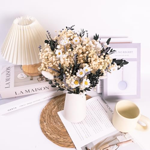 Handmade Dried Flower Bouquet – Natural White, Lavender, Baby’s Breath, Pampas Grass & Eucalyptus – Rustic Boho Style for Home Decor, Weddings, Gifts, and Events - color: White and Green