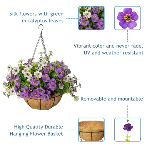 Artificial Hanging Flowers for Outdoors with Basket,UV Resistant Realistic Faux Hanging Plants Outdoor Artificial Flowers for Outdoors Basket for Yard Porch Patio Garden Home Decor,12 Bundles Mix - color: Purple+white