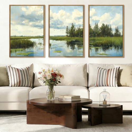 BINCUE Framed Green Nature Wall Art Lake Scenery Wall Decor Landscape Art Print Green Nature Landscape Artwork Green Plants Wall Pictures for Living Room Bedroom Office Farmhouse 16 x24 Inches Set of 3 Gift - color: Farmhouse Landscape, size: 24"L x 16"W