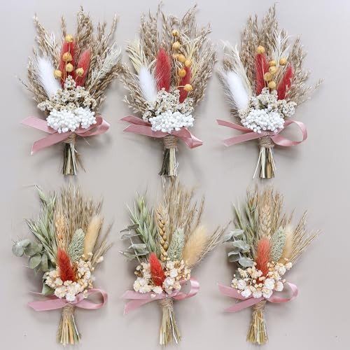 Mini Dried Flower Bouquet (Pack of 6) Suitable for Wedding Party Dinner Plate Decoration, Small Dried Flowers for Crafts, Birthday Cake Bridesmaid Gift Box, Envelope Decoration (Dark Orange) - color: Dark Orange