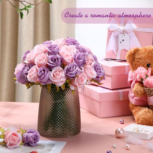 Hoteam 72 Heads Pink and Purple Artificial Rose Flowers 6 Bouquet Wedding Decoration Faux Flower Arrangement Bouquet with Stem Bridal Shower Gift Floral Centerpiece for Tables - color: Purple Pink