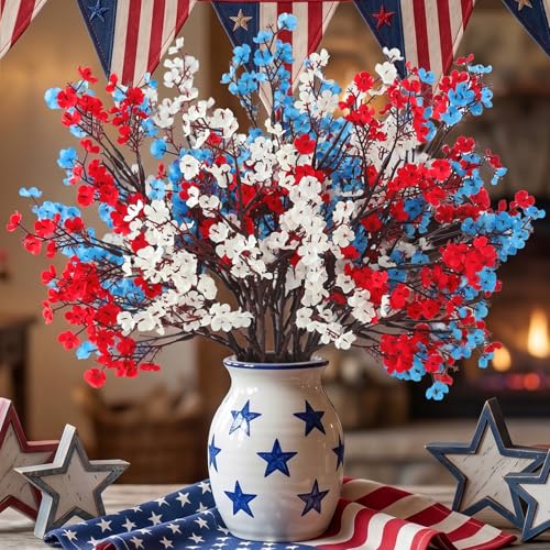 Hananona 10 Pcs 4th of July Flowers Artificial Babys Breath Fake Silk Red White Blue Patriotic Flowers for Independence Day Home Decor Floral Arrangement Table Centerpieces (10, Mix) - color: Red, White, Blue