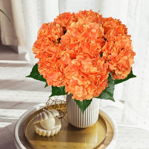 8 Pcs Hydrangea Artificial Flowers 21" Orange Silk Fake Flowers Bouquet with Stems Faux Latex Floral Bulk Bouquet for Home Wedding Arrangement Party Baby Shower Table Centerpieces Decoration - color: Orange