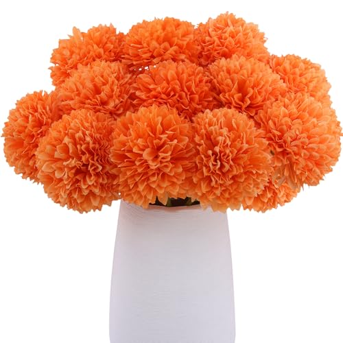 Rowfad 12 Pcs Artificial Chrysanthemums Fall Flowers Silk Orange Marigolds Flowers Fake Mums Flower for Autumn Dia de Los Muertos Diwali Day of The Dead Home Decor (12, Orange) - color: Orange