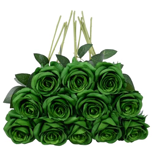 12pcs Rose Artificial Flowers, Fake Rose Silk Flower Bouquet, Faux Roses with Stems - 50cm, Roses Decor for Wedding & Home Decoration (Dark Green) - color: Dark Green