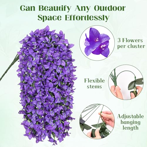 8 Pcs UV Resistant Artificial Flowers for Outdoors, Realistic Faux Silk Bougainvillea Flowers, Fake Hanging Plants for Porch Patio Balcony Decoration (Dark Purple) - color: Dark Purple, size: 8 Pcs