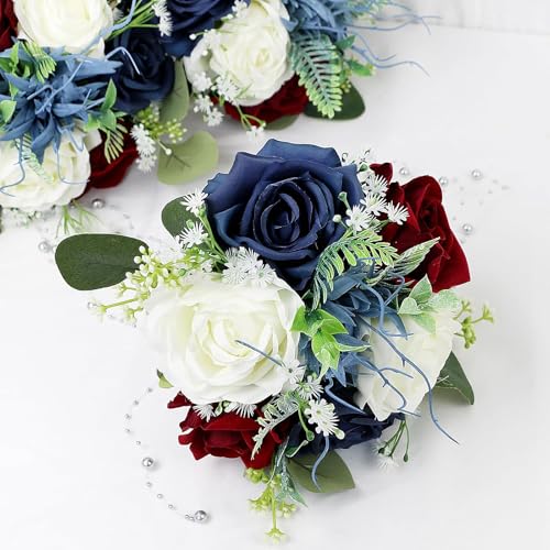 Bridesmaid Bouquets for Wedding 1 Pack - 9 Inch Artificial Flowers Bouquets for Ceremony Anniversary Centerpieces Decorations - Burgundy & Navy Blue & White - color: Burgundy & Navy Blue, size: Set of 1 Bridesmaid Bouquets