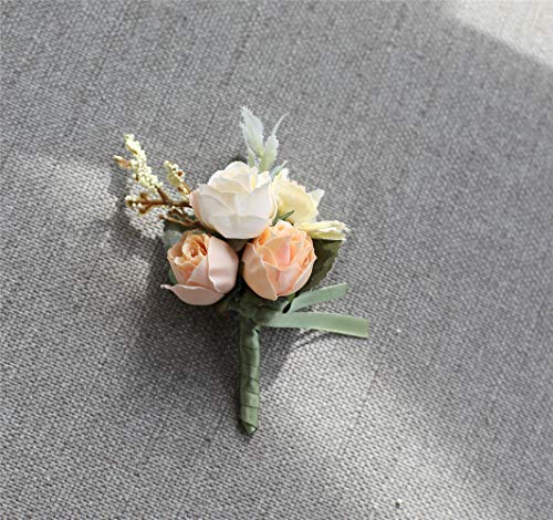 Rose Wedding Wrist Corsage and Boutonniere Set Party Prom Hand Ribbon Flower Suit Decor (Champagne) - color: Champagne