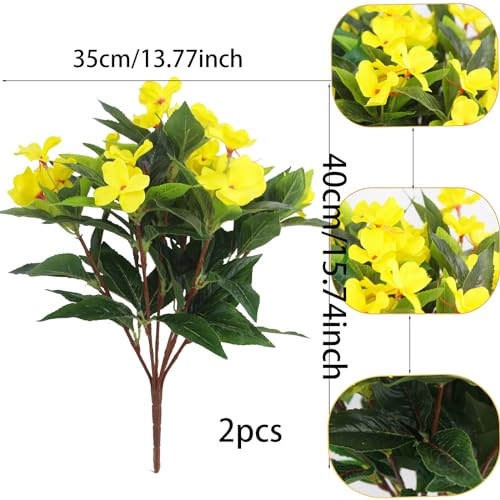2 Pcs Artificial Impatiens Flowers for Outdoors Faux Impatiens Bushes Yellow Silk Flowers Greenery Artificial Impatiens Bouquet for Patio Lawn Garden Pot Hanging Basket Porch Decoration - color: Yellow