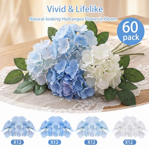 Suncalla 60 Pcs Artificial Hydrangea Flowers Bulk Silk Hydrangea Full Flowers Heads with Stems for Wedding, Home Table Centerpieces, Garden, Baby Shower, Party Decoration(Blue) - color: Blue