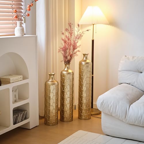 Floor Vases, Tall Home Decor Metal Vase Set of 3 Large Glazed Decorative Vases for Wedding Decor, Elegant Modern Flower Holder for Living Room, Entryway, Hallway - color: Scallop Gold