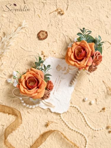 Serwalin Orange Corsage and Boutonniere Set, Boutonniere and Wrist Corsage Wristlet Prom Homecoming Wedding Flowers Accessories Prom Suit Decorations (Orange) - color: Orange, size: 1 Boutonniere & 1 Wrist Corsage - 2pcs