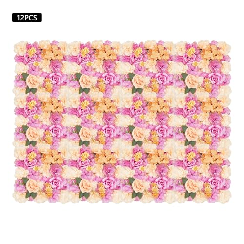 12Pcs Artificial Flower Wall Panel 3D Floral Backdrop Walls 15" X 15" Flower Wall Decor Flower Backdrop Faux Rose Panel for Party Home Background-Champagne, Purple - color: Champagne, Purple, Red