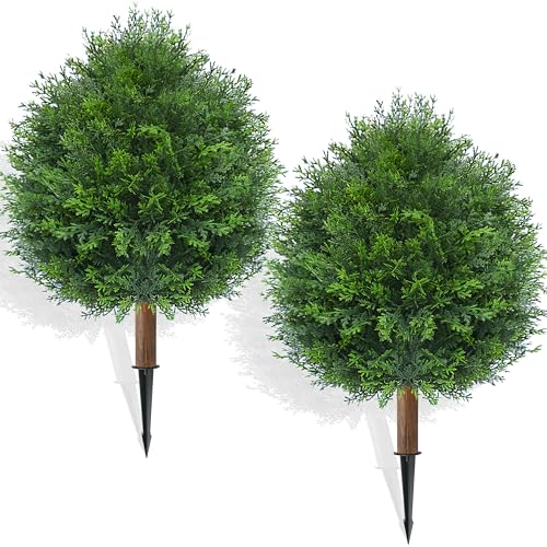 27.5" Artificial Cedar Topiary Tree with Ground Spike, Set of 2 Artificial Cypress Trees Faux Shrubs, UV Resistant Artificial Outdoor Shrubs Plants for Porch Garden Front Porch Decor - size: 2ft 4in