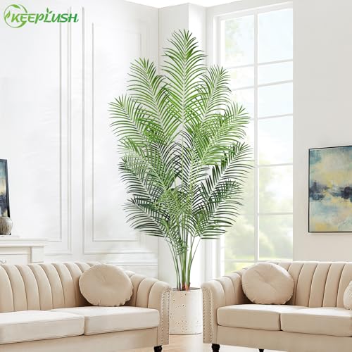 Artificial Palm Tree 7ft Tall Fake Palm Tree Indoor Decor with 18 Leaves and Real Bark Design Faux Tropical Areca Palm Silk Floor Plant in Pot for Home Office Living Room Bedroom Decor 1pcs - size: 7ft