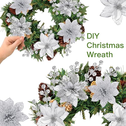 Sggvecsy 30 Pcs 3 Styles Christmas Glitter Poinsettia Flowers Artificial Berry Picks Christmas Tree Ornaments Artificial Christmas Flowers with Clips for Xmas Wreath Wedding Floral Decorations(Silver) - color: Silver