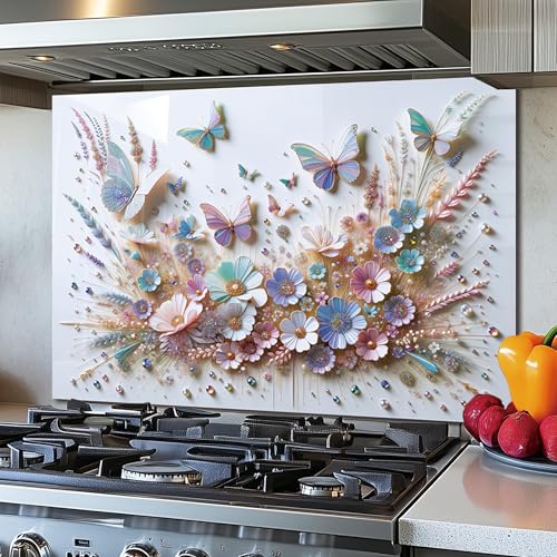DAIFURONGE Butterfly Tempered Glass Backsplash for Kitchen, 30" x30'' | Frameless,Easy to Clean - size: 30"L x 30"W