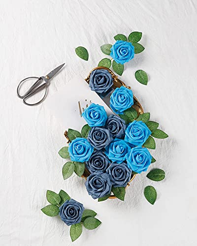 DuHouse 25Pcs Artificial Roses Flowers Fake Roses with Stems Real Touch Foam Flowers for DIY Wedding Bouquet Party Centerpiece Floral Arrangement Party Home Decor(Dusty Blue) - color: Dusty Blue, size: 25pcs