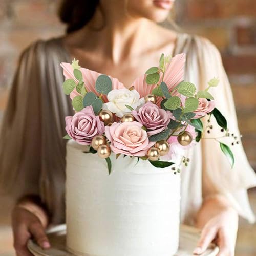 Rsstarxi 22 Pack Rose Artificial Flower Leaves Cake Decorations Gold Balloon Paper Palm Fan Cake Toppers for Happy Mother's Day DIY Wedding Bithday Valentine's Day Party Cake Decorations Supplie - color: Design 2