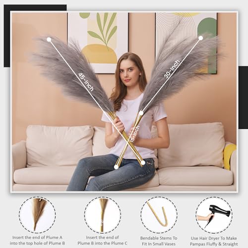 7 Pcs 45" Faux Pampas Grass – Fluffy Artificial Pompous Grass for Tall Floor Vase, Non-Shedding Home Decor, Boho Wedding Flowers, Baby Shower Centerpieces, Bedroom & Living Room Decor (Grey) - color: Grey