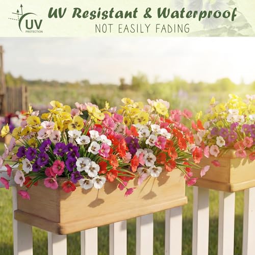 HUITEM 24 Pcs Artificial Fake Pansy Flowers for Outdoor, Silk Faux Pansies Uv Resistant Faux Outdoor Flowers, Spring Flowers for Planter Front Door Porch Yard Patio Window Box Home Decor (6 Color) - color: 6 Color