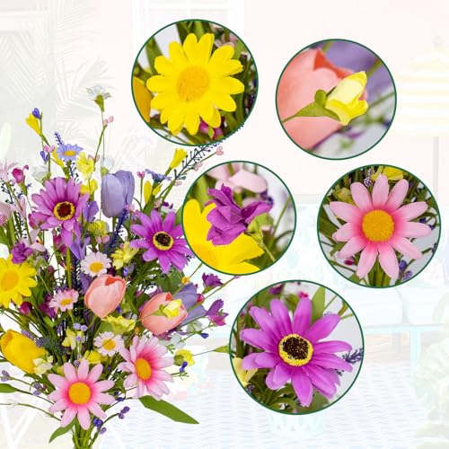 Yawwind 12 PCs Artificial Summer Flowers 17 Inches Pastoral Spring Flowers Colorful Spring Florals Stems with Wildflowers Tulips for Vase Table Centerpiece Indoors Decoration