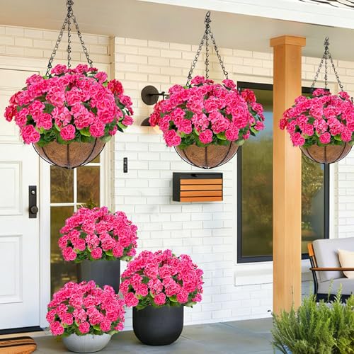 TURNMEON Artificial Geraniums Flowers for Outdoors Summer Decoration, 4 Bundles Fake Flowers Silk Pink Flowers UV Resistant No Fade Faux Plants for Planter Gardens Table Porch Indoor Cemetery Decor - color: Pink