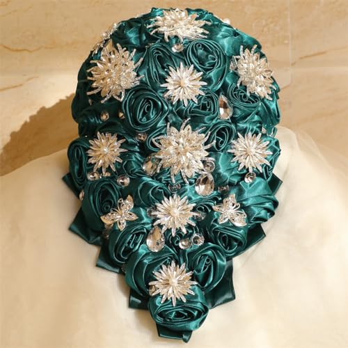 Luxury Cascade Bridal Wedding Bouquet Satin Rose Waterfall Holding Bouquet Artificial Flower Bunch for Bride Bridesmaid(Dark Green, 15" x 7.5") - color: Dark Green #1, size: 15"L x 7.5"W(38cm x 19cm)