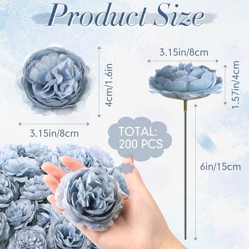 Thiccywoov 200 Pcs Flowers Long Stem Artificial Rose Bulk, 3.2 Inches Silk Rose Head Flowers Faux for Wedding Bridal Bouquet Independence Day Home Floral DIY Centerpieces Party Decoration(Dusty Blue) - color: Dusty Blue