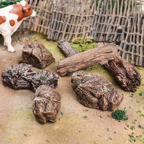 7pcs Diorama Supplies Fake Rocks, Artificial Garden Figurines Tree Stump, Scene Accessories Stone Stumps Statue Ornaments for Micro Train Railway Sand Table Landscape - style: Rocks and Tree Stump