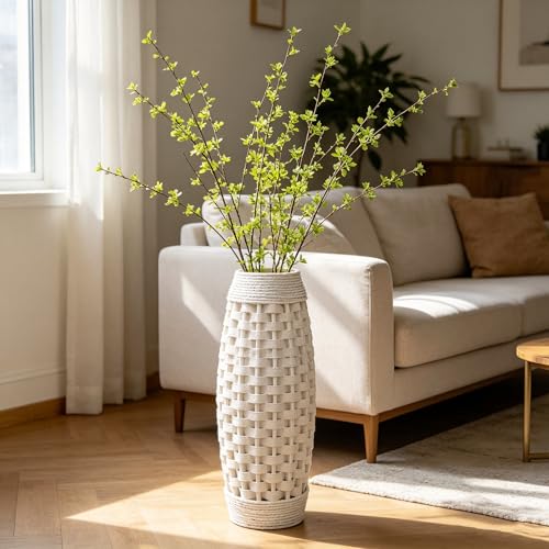 Hosley 24" High Wood and Grass Floor Vase-White. Ideal Gift for Floral Arrangements Weddings, Home Decor, Long Dried Floral, Spa, Aromatherapy, Umbrella/Cane Stand - color: White