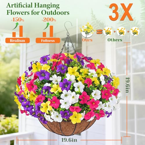 Realistic Artificial Hanging Flowers for Outdoors with Basket, 1 Set Large Size UV Resistant Artificial Outdoor Flowers, Full Faux Outdoor Flowers Fake Hanging Flowers for Porch, Front Door, Garden - color: Purple+yellow+white+red, size: 1 Set