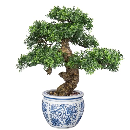 Fake Bonsai Tree Bonsai Plant 17” Tall Artificial Bonsai Trees with Blue and White Porcelain Decorated with Pebbles Desk Plant Indoor Bonsai for Home Office Decor - style: Porcelain
