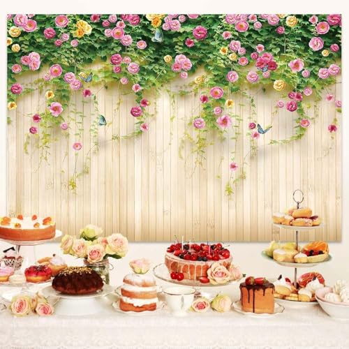Floral Backdrop 3D Rosemary Flower with Butterfly, Pink, 10x8 Feet, Vinyl with Fabric, Indoor/Outdoor, Wedding/Birthday Party Decoration - color: pink, size: 5X3
