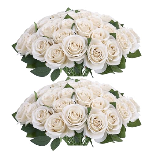 52pcs Beige Roses Artificial Flowers Fake Flowers Silk Roses with Stems for DIY Wedding Bouquets Bridal Shower Centerpieces Arrangements Party Decorations - color: Beige