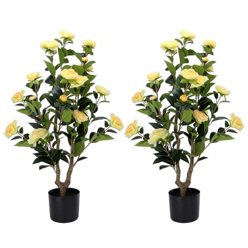 Artificial Camellia Tree 2 Pack - Realistic Camellia Plants in Pot with Yellow Flowers, Lifelike Faux Greenery for Living Room, Patio, or Wedding, Yellow - color: Yellow