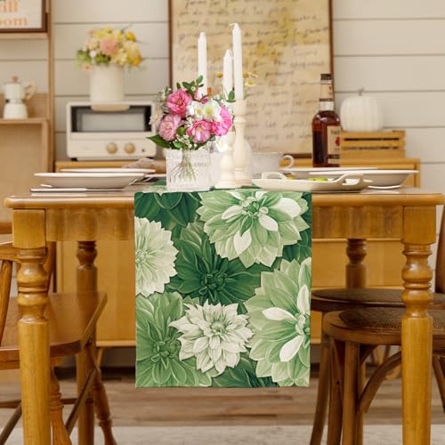 Green Dahlia Flower Summer Table Runner Sage Green Burlap Table Runners, Spring Elegant Floral Seasonal Coffee Table Center Decor for Home Kitchen Dining Party Indoor Outdoor 13x72 Inch - color: Green, size: 13" x 72", Table Runner