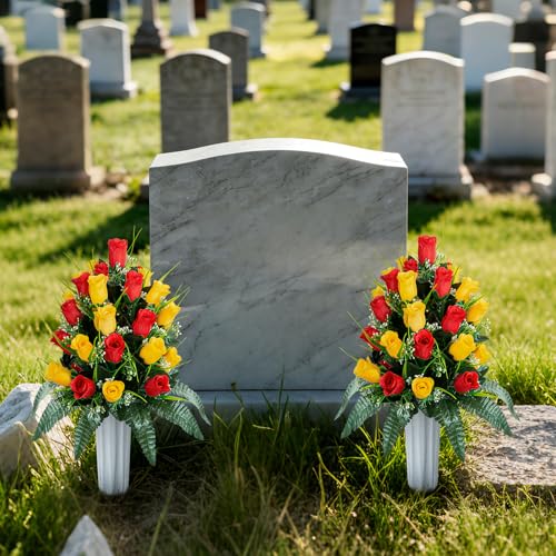 XONOR 2 Sets Artificial Cemetery Flowers, Grave Decorations Roses, Memorial Flowers Bouquet with Vase for Grave Cemetery Decoration (Red&Yellow) - color: Red&yellow