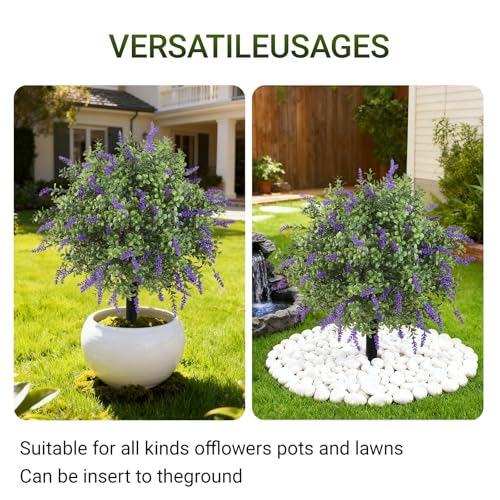 Artificial Topiary Bushes with Ground Spike Set of 2, Faux Boxwood Ball Trees for Outdoor, Fake Shrubs Bushes Decorations for Indoor Front Porch Garden - UV Resistant Faux Plants - Purple Lavender - color: Purple Lavender