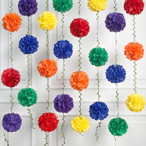 Rainbow Party Decorations Colorful Tissue Paper Flowers Pom Pom with Leaf Ribbon Hanging Garland Streamer for Multi-color Birthday Baby Shower Wedding Carnival Clown Fiesta Festival Party Supplies - color: Rainbow