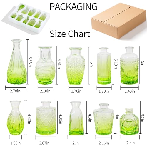 Vintage Small Glass Vases Set of 10,Mini Bud Vases for Flowers,Amber Glass Vases for Centerpieces,Wedding Decorations,Home Table Flower Decor (Olive Green) - color: Olive Green